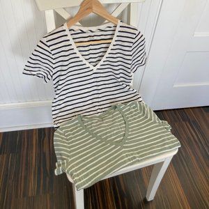 SOLD - 2 GUC Striped Madewell Whisper Cotton V-Neck Tees Size XS Green and Navy